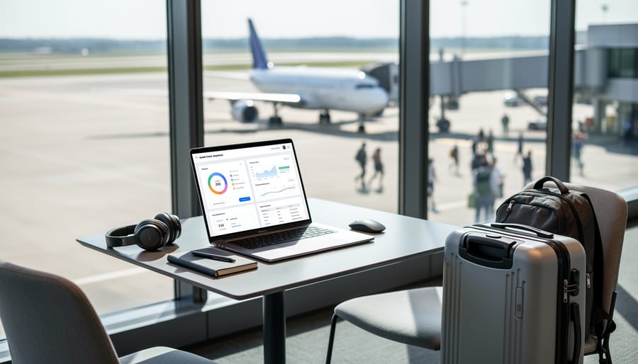 Person working on a laptop at a bright coworking space with a passport visible nearby